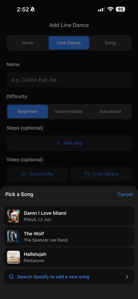 The Add Move form with a name, category, difficulty, notes, and a video