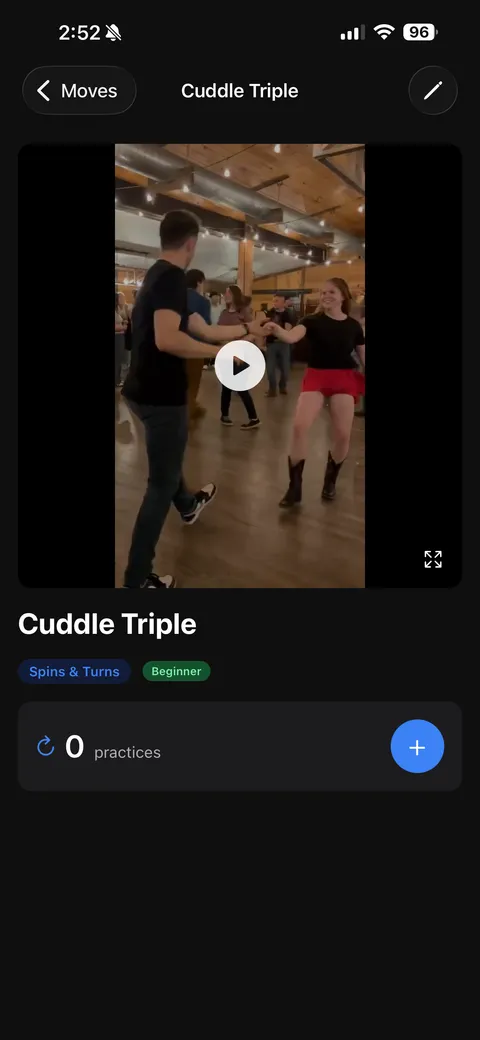 A move page playing its video above the notes and practice counter