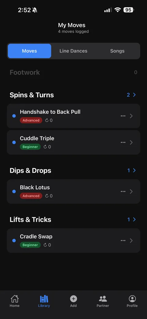 The library screen with moves grouped by category